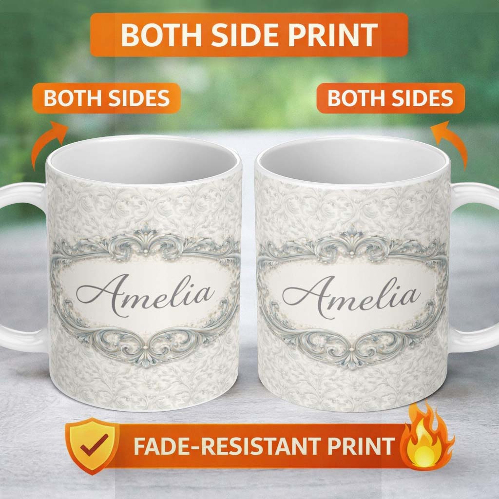 Personalized Custom Name Soft Sage Green Damask Seamless Pattern Vintage Elegant Ornamental 11oz Ceramic Coffee Tea Mug White Large Handle