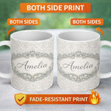 Personalized Custom Name Soft Sage Green Damask Seamless Pattern Vintage Elegant Ornamental 11oz Ceramic Coffee Tea Mug White Large Handle