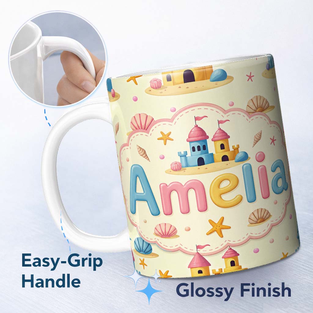Personalized Custom Name Cute Sandcastles Seashells and Starfish Beach Theme Seamless Pattern 11oz Ceramic Coffee Tea Mug White Large Handle