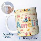 Personalized Custom Name Cute Sandcastles Seashells and Starfish Beach Theme Seamless Pattern 11oz Ceramic Coffee Tea Mug White Large Handle