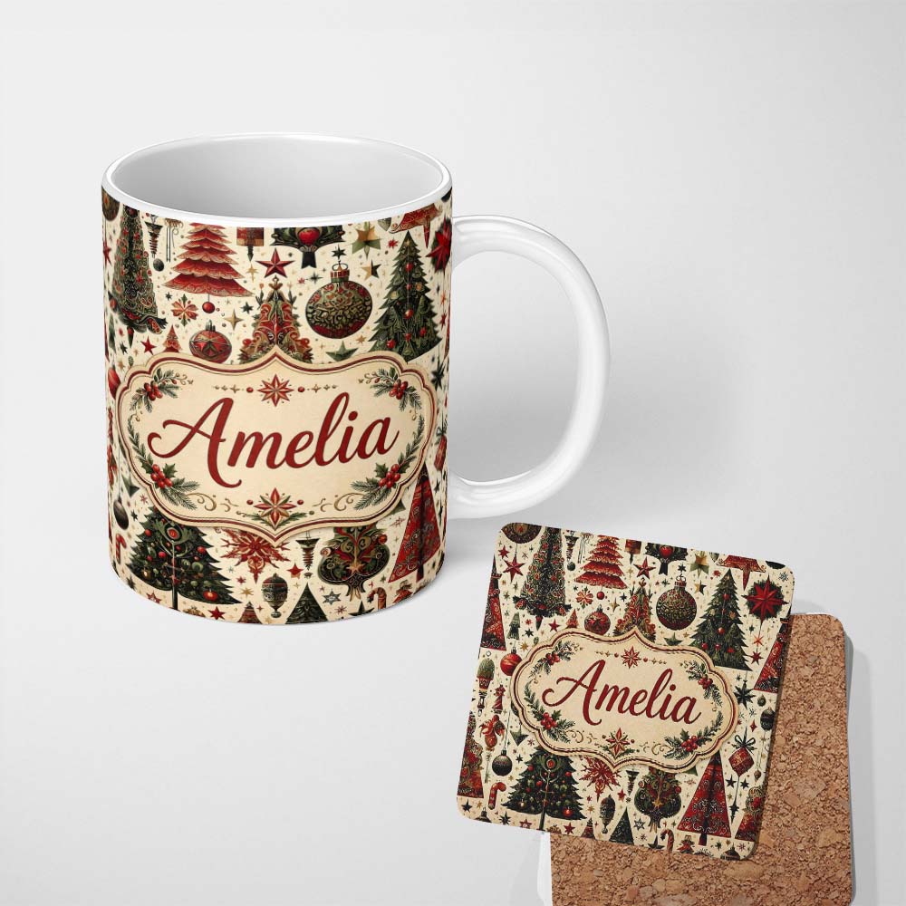 Personalized Custom Name Ornate Christmas Trees Baubles Stars Vintage Seamless Pattern Lovely 11oz Ceramic Coffee Tea Mug White Large Handle