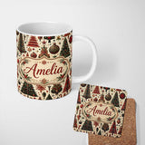 Personalized Custom Name Ornate Christmas Trees Baubles Stars Vintage Seamless Pattern Lovely 11oz Ceramic Coffee Tea Mug White Large Handle