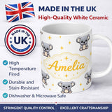 Personalized Custom Name Cute Cartoon Koala Bears with Yellow Stars on Light Grey Background 11oz Ceramic Coffee Tea Mug White Large Handle