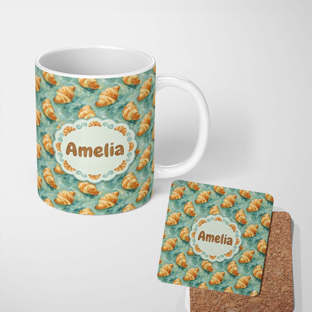 Personalized Custom Name Painterly Croissant Brush Stroke Blue Artistic Seamless Pattern 11oz Ceramic Coffee Tea Mug White Large Handle