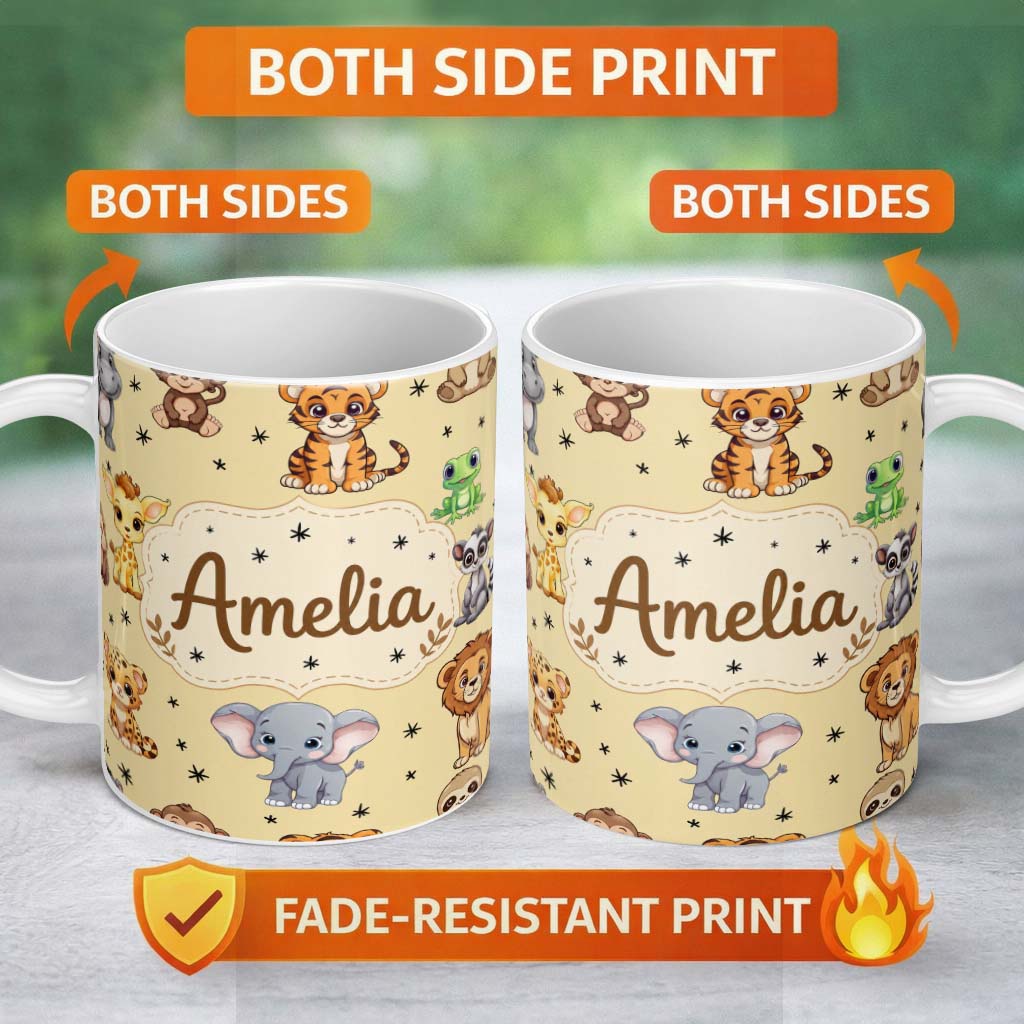 Personalized Custom Name Cute Jungle Baby Animals Lion Tiger Elephant Giraffe Pattern Beige 11oz Ceramic Coffee Tea Mug White Large Handle