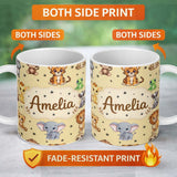 Personalized Custom Name Cute Jungle Baby Animals Lion Tiger Elephant Giraffe Pattern Beige 11oz Ceramic Coffee Tea Mug White Large Handle