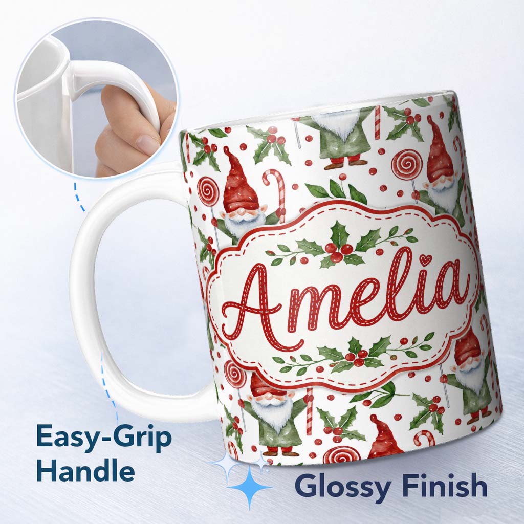 Personalized Custom Name Scandinavian Red White Christmas Cookie Seamless Pattern Lovely 11oz Ceramic Coffee Tea Mug White Large Handle