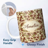 Personalized Custom Name Coffee Beans and Olive Leaves Minimal Seamless Pattern Lovely 11oz Ceramic Coffee Tea Mug White Large Handle