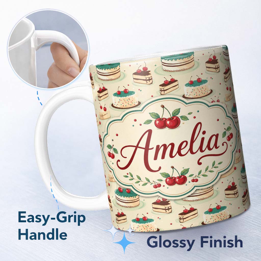 Personalized Custom Name Cherry Celebration Cake Dessert Seamless Pattern Cute Unique Gift 11oz Ceramic Coffee Tea Mug White Large Handle