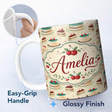 Personalized Custom Name Cherry Celebration Cake Dessert Seamless Pattern Cute Unique Gift 11oz Ceramic Coffee Tea Mug White Large Handle