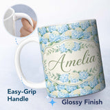 Personalized Custom Name Soft Blue Hydrangea Floral Seamless Pattern Thoughtful Gift Idea 11oz Ceramic Coffee Tea Mug White Large Handle