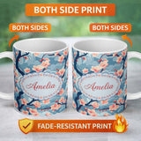 Personalized Custom Name Japanese Cherry Blossom Tree Branches with Cloud Background Artistic 11oz Ceramic Coffee Tea Mug White Large Handle