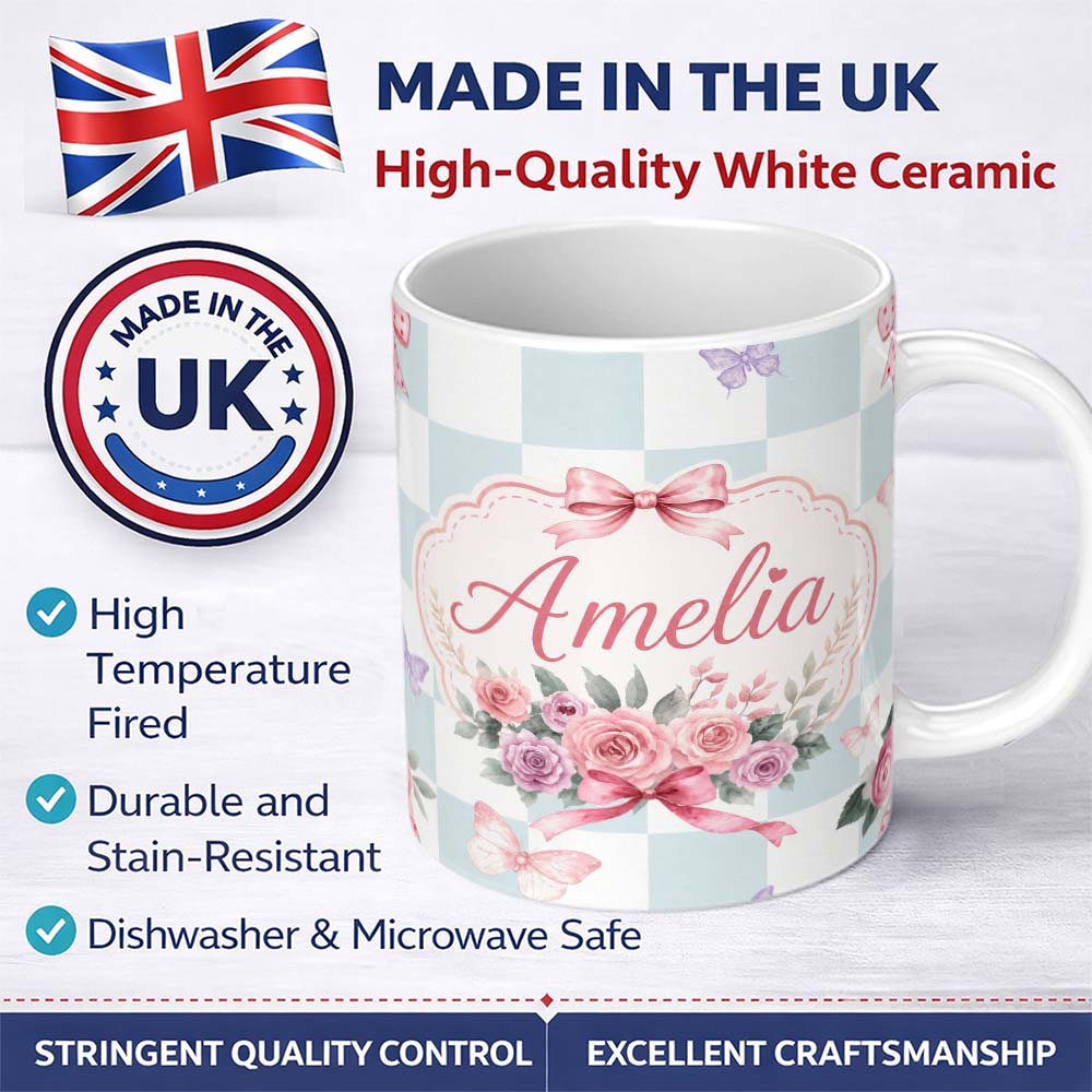 Personalized Custom Name Elegant Watercolor Rose Bouquet Ribbon Butterfly Soft Blue Check 11oz Ceramic Coffee Tea Mug White Large Handle