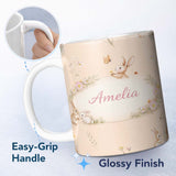 Personalized Custom Name Watercolor Bunny Floral Meadow Warm Beige Seamless Pattern Lovely 11oz Ceramic Coffee Tea Mug White Large Handle