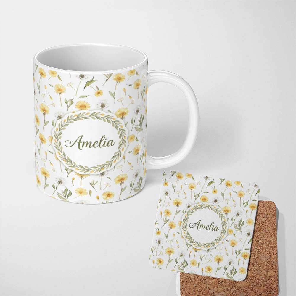 Personalized Custom Name Yellow Dandelion Wildflower Botanical Seamless Pattern Lovely 11oz Ceramic Coffee Tea Mug White Large Handle