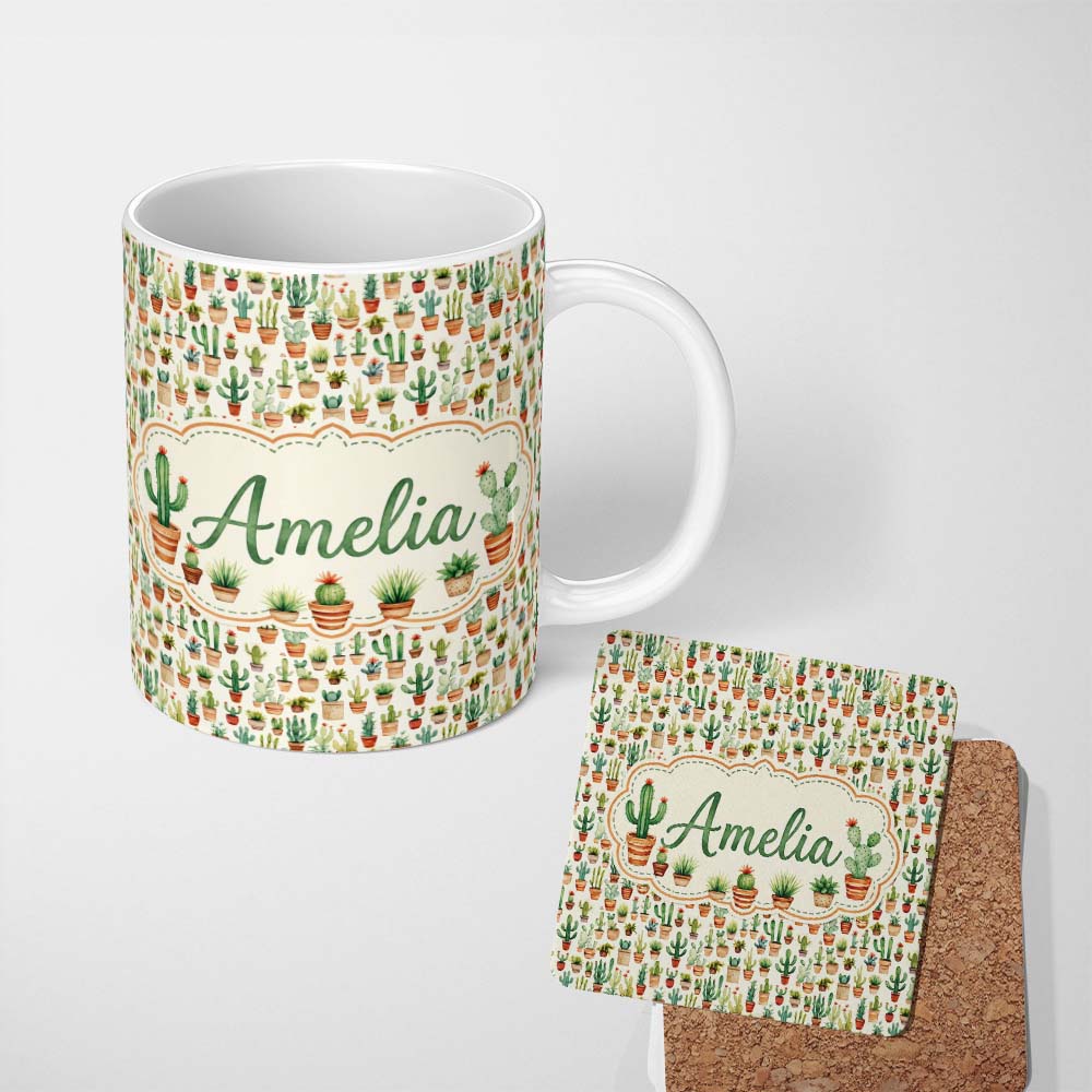 Personalized Custom Name Rustic Desert Potted Cactus Succulent Collection Seamless Pattern 11oz Ceramic Coffee Tea Mug White Large Handle