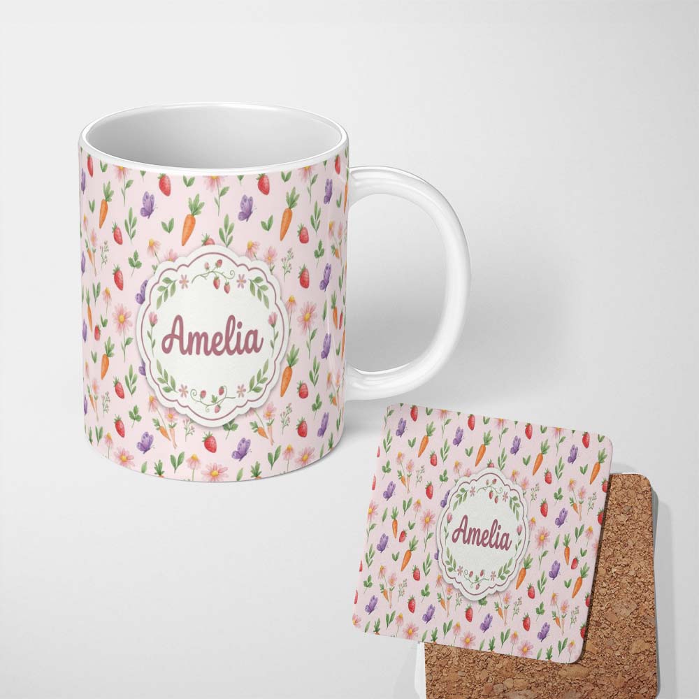 Personalized Custom Name Cute Easter Bunnies with Flowers Carrots Soft Cream Background 11oz Ceramic Coffee Tea Mug White Large Handle