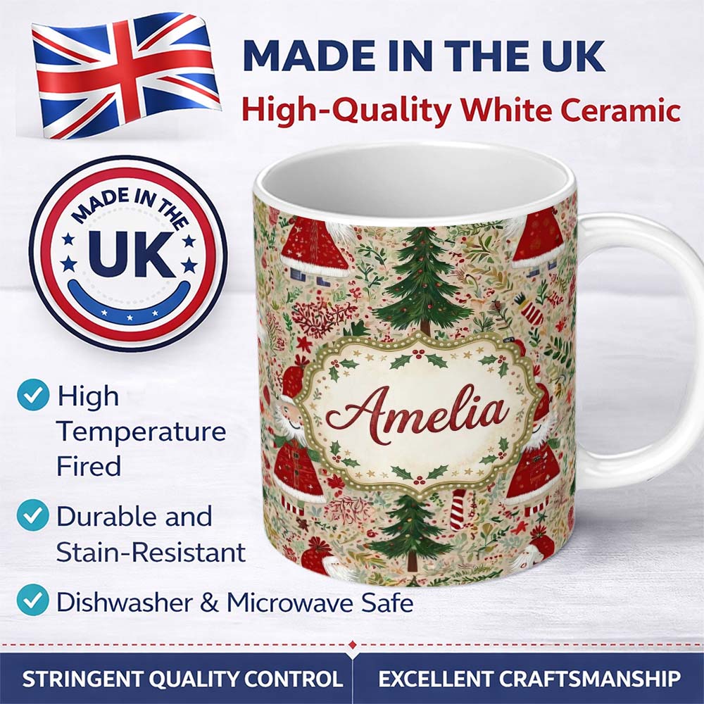 Personalized Custom Name Cute Christmas Gnome Santa Tree Holiday Festive Seamless Pattern 11oz Ceramic Coffee Tea Mug White Large Handle