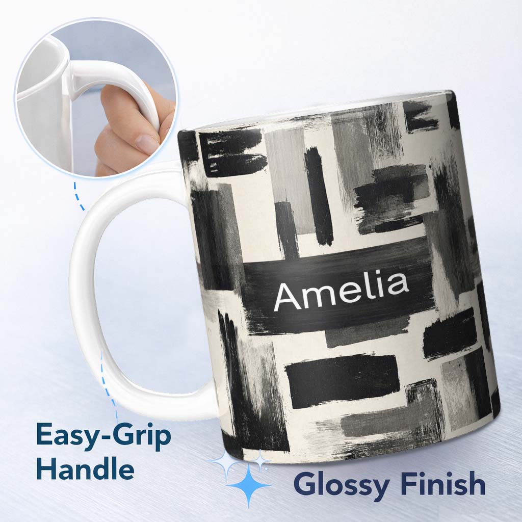 Personalized Custom Name Monochrome Brushstroke Blocks Black Grey Abstract Texture Pattern 11oz Ceramic Coffee Tea Mug White Large Handle