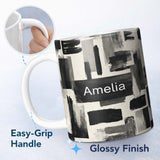 Personalized Custom Name Monochrome Brushstroke Blocks Black Grey Abstract Texture Pattern 11oz Ceramic Coffee Tea Mug White Large Handle