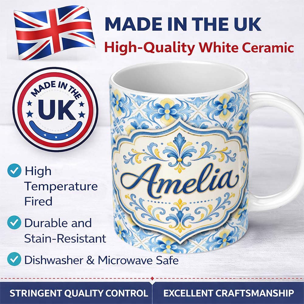 Personalized Custom Name Classic Blue Yellow Tile Floral Motif Seamless Pattern Lovely 11oz Ceramic Coffee Tea Mug White Large Handle