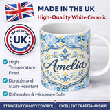 Personalized Custom Name Classic Blue Yellow Tile Floral Motif Seamless Pattern Lovely 11oz Ceramic Coffee Tea Mug White Large Handle
