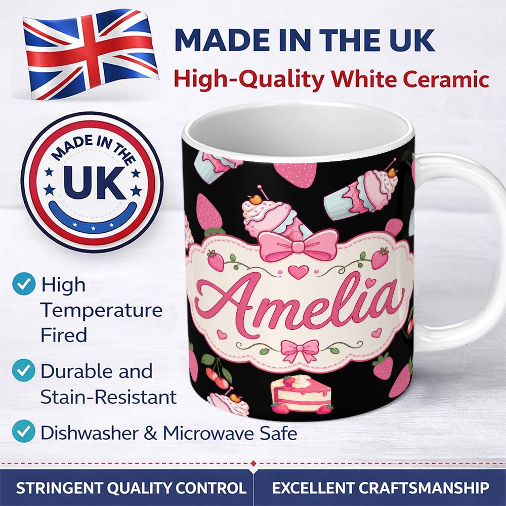 Personalized Custom Name Cute Strawberry Cupcakes and Dessert Drinks Kawaii Style Seamless 11oz Ceramic Coffee Tea Mug White Large Handle