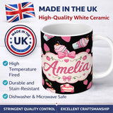 Personalized Custom Name Cute Strawberry Cupcakes and Dessert Drinks Kawaii Style Seamless 11oz Ceramic Coffee Tea Mug White Large Handle