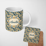 Personalized Custom Name Navy Blue Background Yellow Daisy Floral Seamless Pattern Lovely 11oz Ceramic Coffee Tea Mug White Large Handle