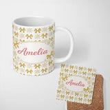 Personalized Custom Name Gold Glitter Snowflake and Bow Christmas Pattern Cute Unique Gift 11oz Ceramic Coffee Tea Mug White Large Handle