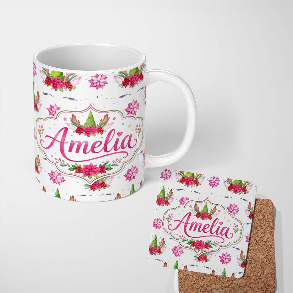 Personalized Custom Name Cute Christmas Unicorn Antlers Floral Fantasy Seamless Pattern 11oz Ceramic Coffee Tea Mug White Large Handle