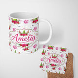 Personalized Custom Name Cute Christmas Unicorn Antlers Floral Fantasy Seamless Pattern 11oz Ceramic Coffee Tea Mug White Large Handle