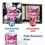 Personalized Custom Name Pink Purple Camouflage Fashion Style Seamless Pattern Lovely 11oz Ceramic Coffee Tea Mug White Large Handle
