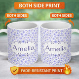 Personalized Custom Name Purple Floral Meadow Seamless Pattern Simple Botanical Repeat Design 11oz Ceramic Coffee Tea Mug White Large Handle