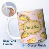 Personalized Custom Name Cute Kawaii Tacos and Wraps Seamless Pattern Soft Pink Background 11oz Ceramic Coffee Tea Mug White Large Handle