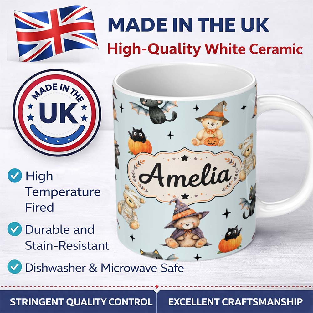 Personalized Custom Name Cute Halloween Teddy Bears Mummy Witch Cat Pumpkin Stars Blue 11oz Ceramic Coffee Tea Mug White Large Handle