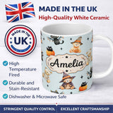 Personalized Custom Name Cute Halloween Teddy Bears Mummy Witch Cat Pumpkin Stars Blue 11oz Ceramic Coffee Tea Mug White Large Handle