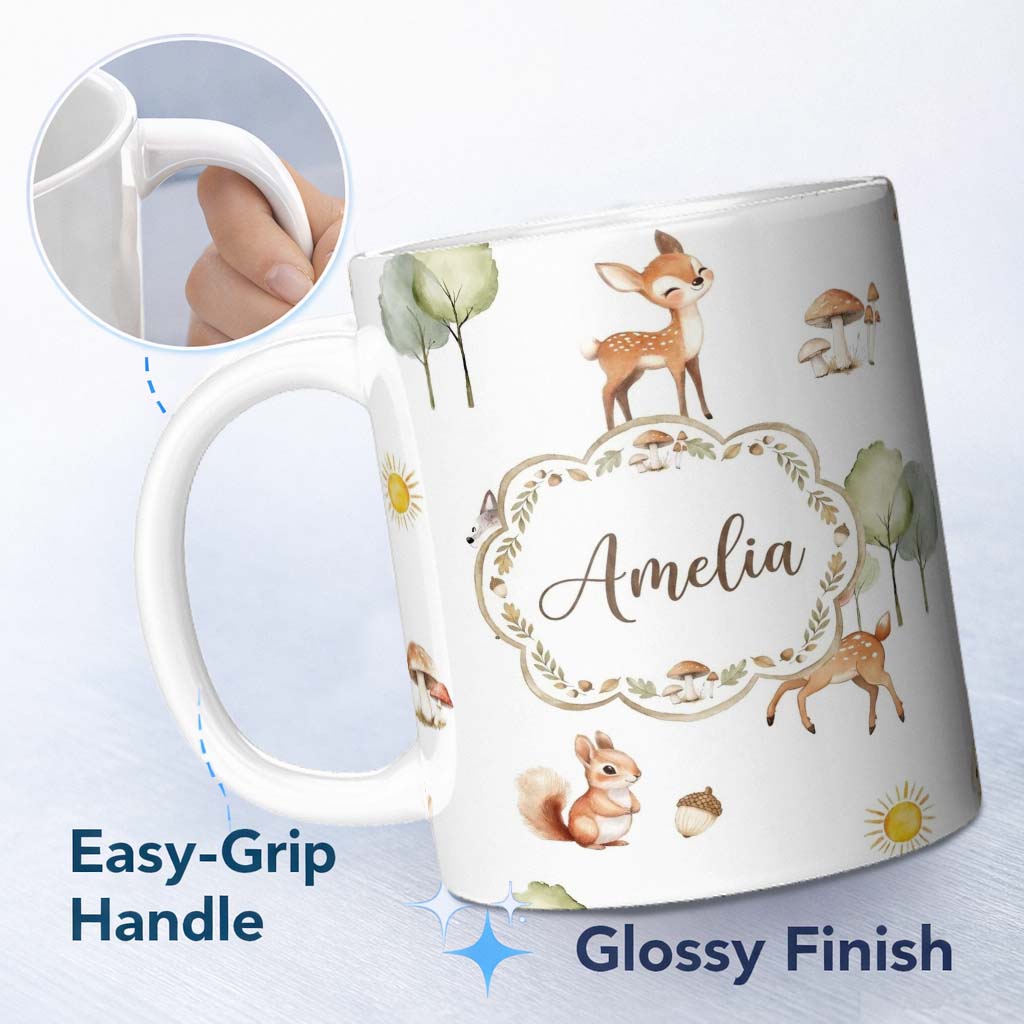 Personalized Custom Name Woodland Animals Deer Fox Squirrel Mushrooms on Soft Grey Seamless 11oz Ceramic Coffee Tea Mug White Large Handle