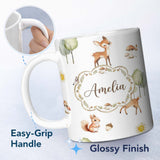 Personalized Custom Name Woodland Animals Deer Fox Squirrel Mushrooms on Soft Grey Seamless 11oz Ceramic Coffee Tea Mug White Large Handle