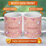 Personalized Custom Name Cute Pink Dolphin Stingray Starfish Ocean Creatures Peach Background 11oz Ceramic Coffee Tea Mug White Large Handle