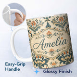 Personalized Custom Name Classic Ornamental Damask Floral Symmetry Seamless Pattern Lovely 11oz Ceramic Coffee Tea Mug White Large Handle