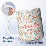 Personalized Custom Name Mid Century Modern Geometric Circles and Lines Colour Palette Lovely 11oz Ceramic Coffee Tea Mug White Large Handle