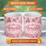 Personalized Custom Name Vintage Pink Winter Village Scenic Seamless Pattern Cute Unique Gift 11oz Ceramic Coffee Tea Mug White Large Handle