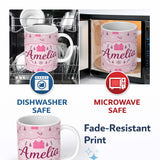 Personalized Custom Name Cute Pink Gift Box Candy Cane Snowflake Seamless Pattern Lovely 11oz Ceramic Coffee Tea Mug White Large Handle