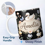 Personalized Custom Name Swan Duckling Butterflies Flowers Mushrooms Soft Watercolor 11oz Ceramic Coffee Tea Mug White Large Handle