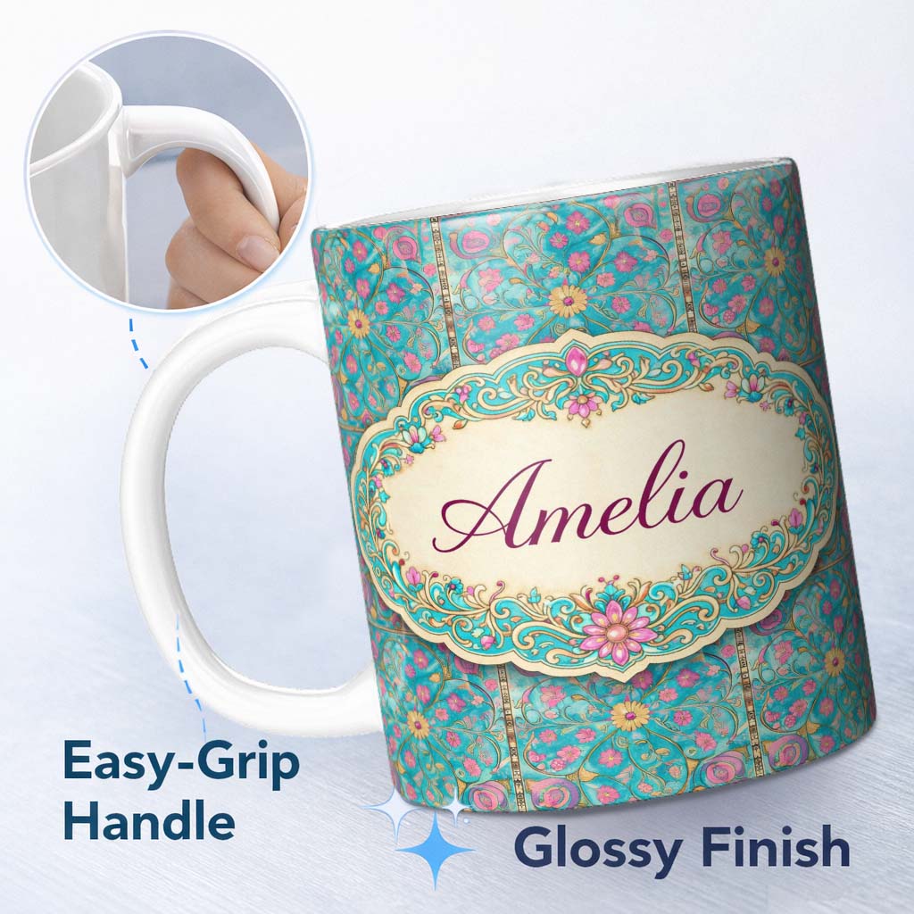 Personalized Custom Name Turquoise Pink Vintage Floral Tile Pattern Ornamental Design Lovely 11oz Ceramic Coffee Tea Mug White Large Handle