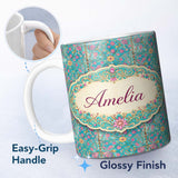 Personalized Custom Name Turquoise Pink Vintage Floral Tile Pattern Ornamental Design Lovely 11oz Ceramic Coffee Tea Mug White Large Handle