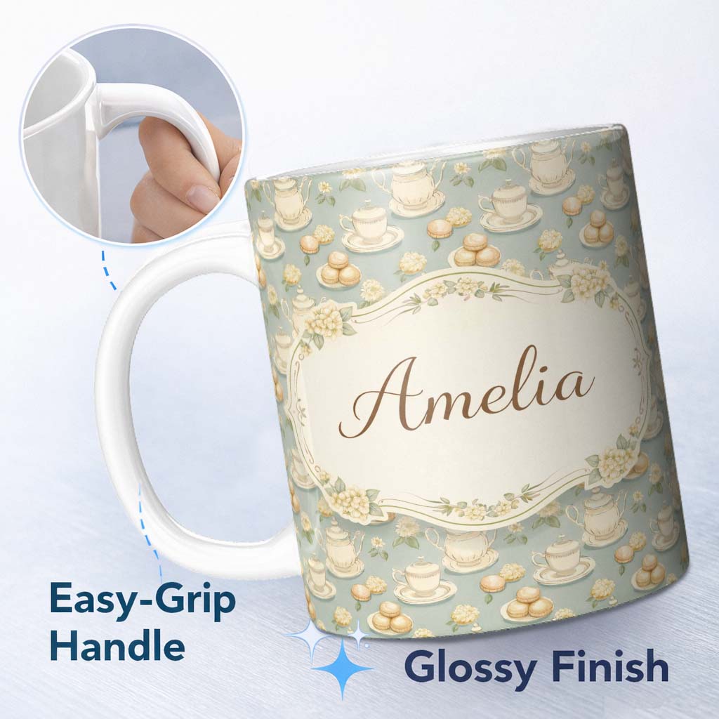 Personalized Custom Name Vintage Tea Set Cupcake Dessert Seamless Pattern Cute Unique Gift 11oz Ceramic Coffee Tea Mug White Large Handle