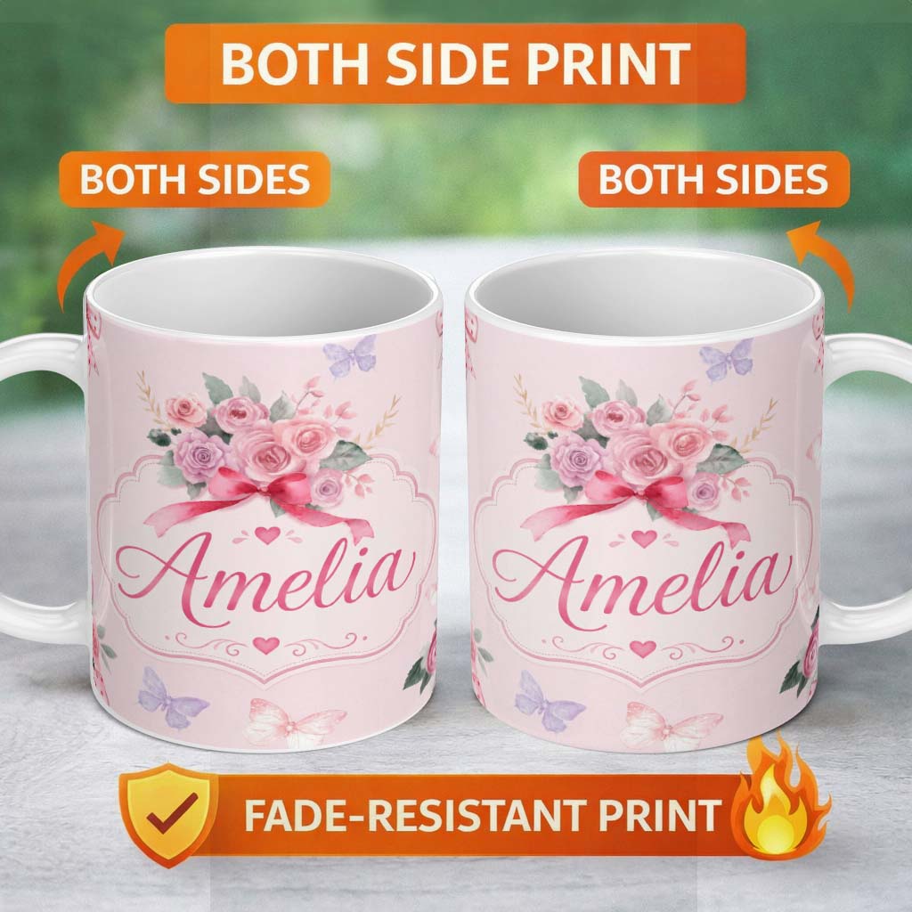 Personalized Custom Name Watercolor Rose Bouquet with Red Ribbon and Butterflies Soft Blush 11oz Ceramic Coffee Tea Mug White Large Handle