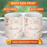 Personalized Custom Name Watercolor Hot Air Balloon Floral Botanical Seamless Pattern Lovely 11oz Ceramic Coffee Tea Mug White Large Handle